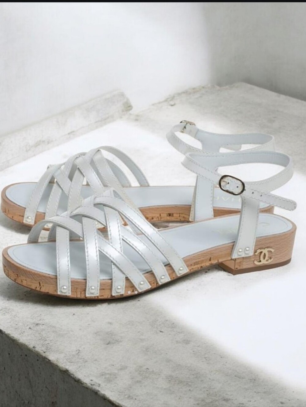 CHANELChanel White Patent Leather Ankle Cork Sandals with Ankle Buckle Size 41